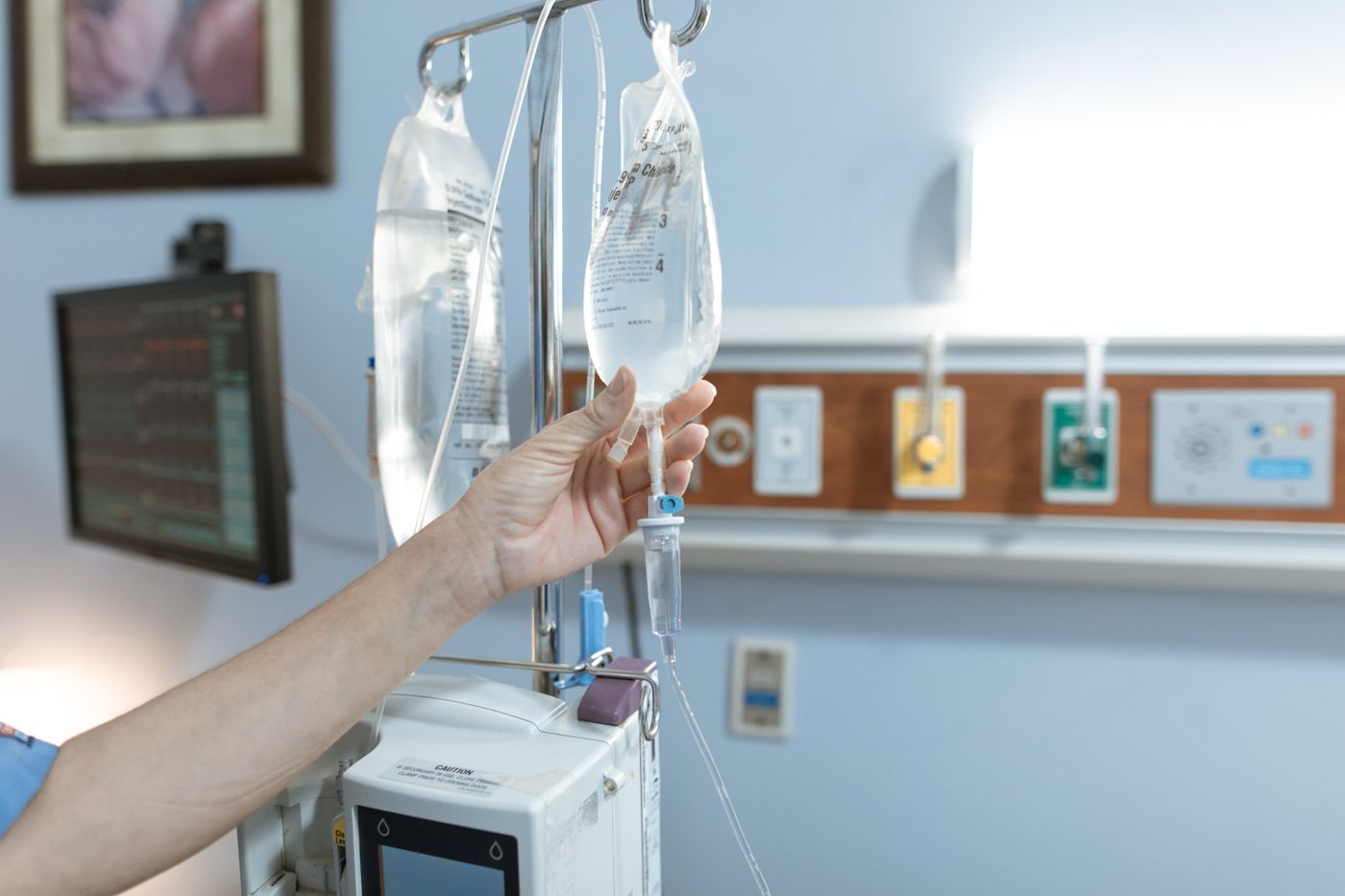 IV bag and infusion equipment in a treatment room